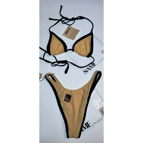 SAME Los Angeles Swim Bikini Set 2Pc Triangke Top S High Weist Bottom XS Beige - Picture 8 of 9